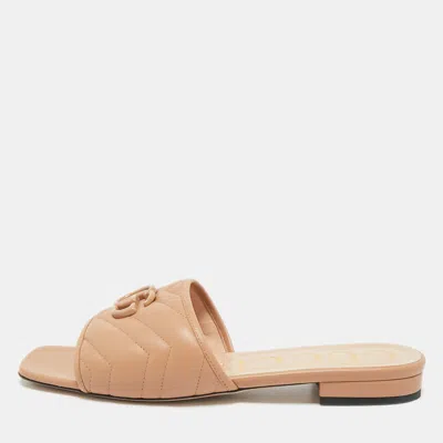 Pre-owned Gucci Beige Leather Interlocking G Cut Out Flat Slides Size 40 In Sand