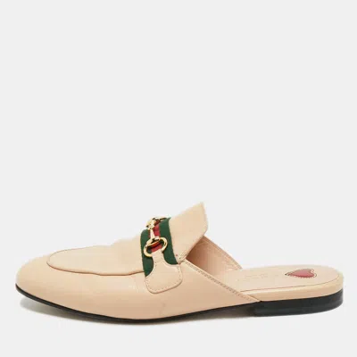 Pre-owned Gucci Beige Leather Princetown Horsebit Flat Mules Size 38