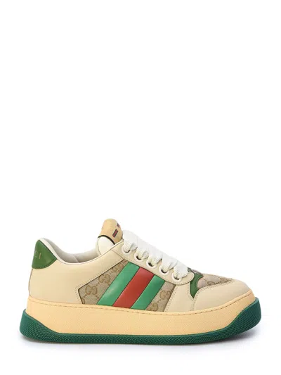 Gucci Beige Leather Sneakers With Green And Red Details And Chunky Sole