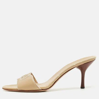 Pre-owned Gucci Beige Leather Stitched Interlocking G Slide Sandals Size 38.5