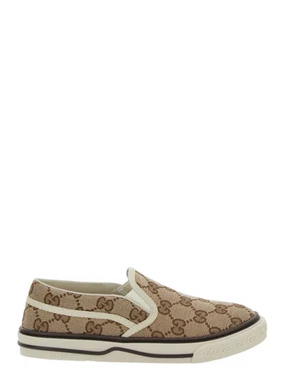 Gucci Kids' Beige Loafers With All-over Gg Motif In Fabric Boy In Sand
