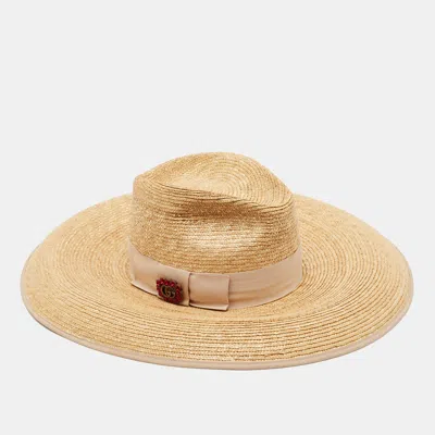 Pre-owned Gucci Beige Logo Crystal Embellished Straw Hat S In Sand