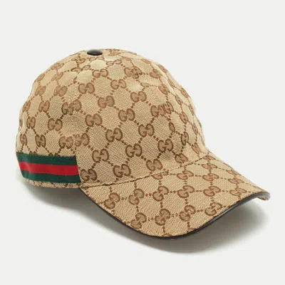 Pre-owned Gucci Beige Logo Monogram Canvas Stripe Detail Baseball Cap M In Brown