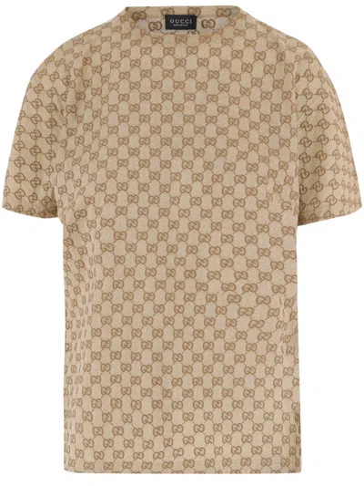 Gucci Beige Logo Print Crew Neck T-shirt In Neutral