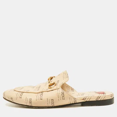 Pre-owned Gucci Beige Logo Stamp Leather Princetown Flat Mules Size 36