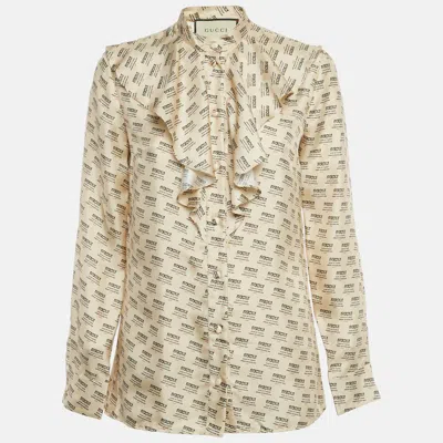 Pre-owned Gucci Beige Logo Stamp Print Ruffled Shirt S In Sand