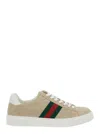 Gucci Beige Low Top Sneakers With Web Detail On The Side And Ace Plaque On The Front In Gg Canvas Wo
