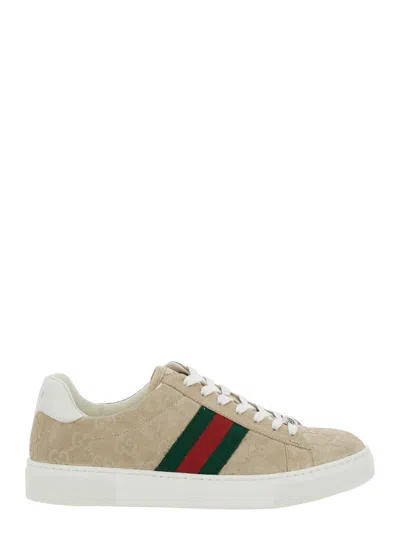 Gucci Beige Low Top Trainers With Web Detail On The Side And Ace Plaque On The Front In Gg Canvas Wo