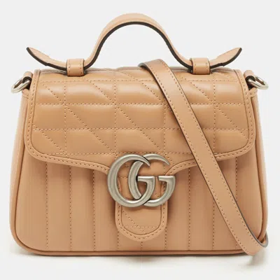 Pre-owned Gucci Beige Matelassé Aria Leather Mini Gg Marmont Top Handle Bag In Sand