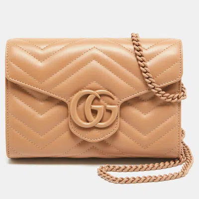 Pre-owned Gucci Beige Matelassé Leather Gg Marmont Wallet On Chain
