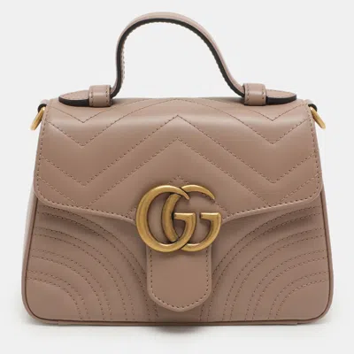 Pre-owned Gucci Beige Matelasse Leather Mini Gg Marmont Top Handle Bag In Sand