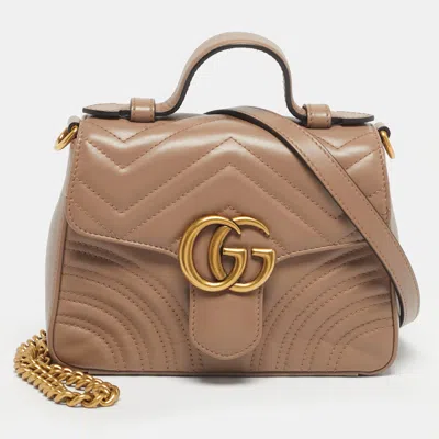 Pre-owned Gucci Beige Matelassé Leather Mini Gg Marmont Top Handle Bag In Sand
