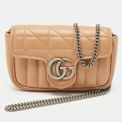 Pre-owned Gucci Beige Matelassé Leather Super Mini Aria Gg Marmont Shoulder Bag In Sand