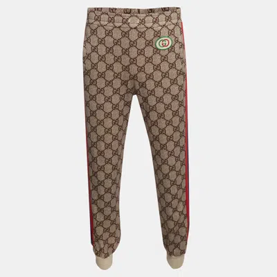 Pre-owned Gucci Beige Monogram Print Jersey Web Stripe Sweatpants Xs In Sand