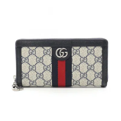 Pre-owned Gucci Beige Multi-color Navy Gg Supreme Leather Long Wallet (bi-fold) ()
