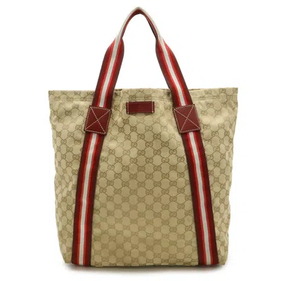 Pre-owned Gucci Beige Multi-color Red Color Canvas Leather Shoulder Bag Tote Bag ()