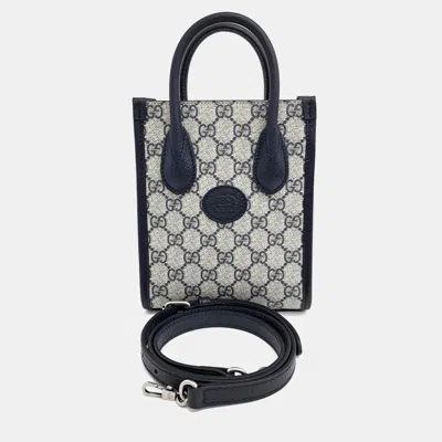 Pre-owned Gucci Beige Navy Blue Coated Canvas Interlocking G Mini Tote Bag