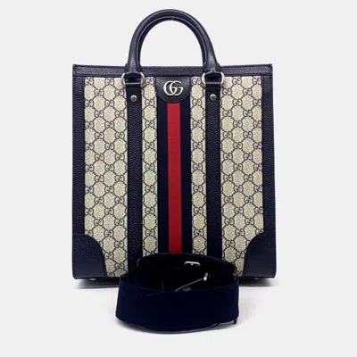 Pre-owned Gucci Beige Navy Blue Leather And Pvc Ophidia Tote Bag Medium