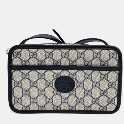 Pre-owned Gucci Beige Navy Blue Pvc Interlocking Supreme Mini Crossbody Bag In Sand