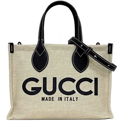 Pre-owned Gucci Beige Navy Canvas Leather Handbag Shoulder Bag Tote Bag () In Beige, Navy