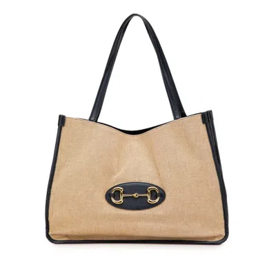 Pre-owned Gucci Beige Navy Canvas Leather Shoulder Bag Tote Bag () In Multi