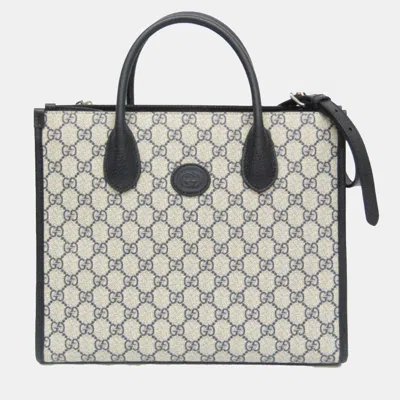 Pre-owned Gucci Beige Navy Leather Pvc Gg Shoulder Bag