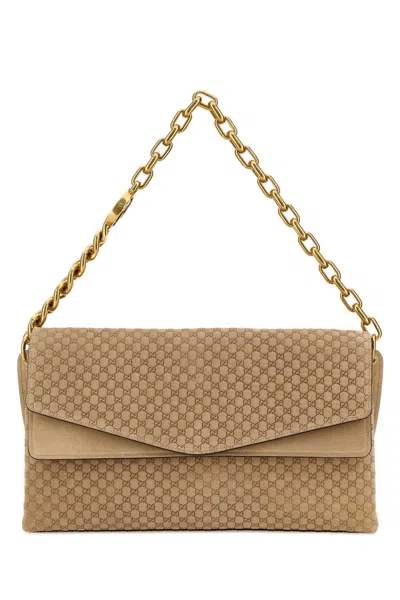 Gucci Large Shoulder Handbag With Suede Finish And Antiqued Golden Metal In Brown