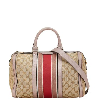 Pre-owned Gucci Beige Pink Canvas Leather Handbag Shoulder Bag ()
