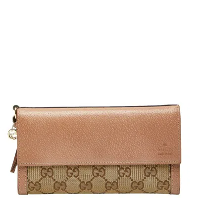 Pre-owned Gucci Beige Pink Canvas Leather Long Wallet (bi-fold) () In Multi