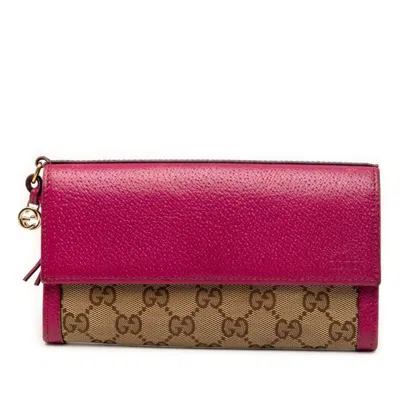 Pre-owned Gucci Beige Pink Canvas Leather Long Wallet (bi-fold) () In Multi