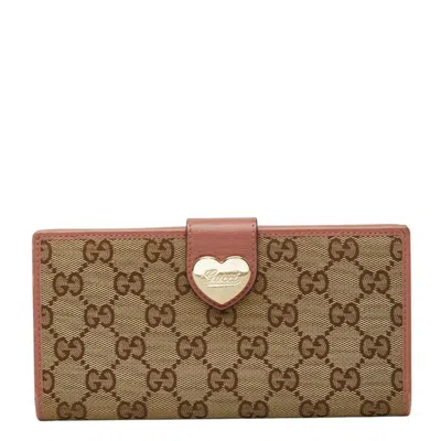 Pre-owned Gucci Beige Pink Gg Canvas Leather Long Wallet (bi-fold) ()