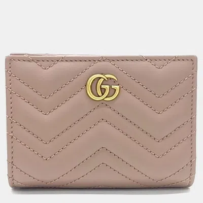 Pre-owned Gucci Beige Pink Leather Gg Marmont Wallet In Sand