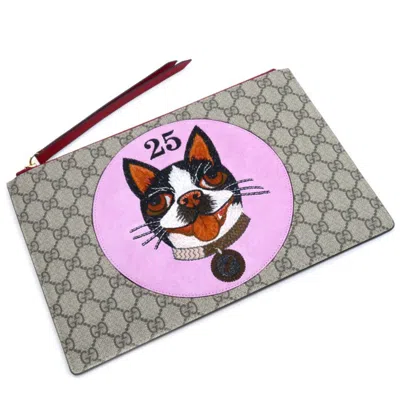 Pre-owned Gucci Beige Pink Red Color Suede Gg Supreme Clutch Bag ()