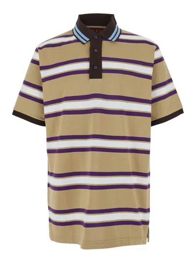 Gucci Beige Polo Shirt With Logo Imprinted On The Front And All-over Striped Motif In Cotton Man In Multi