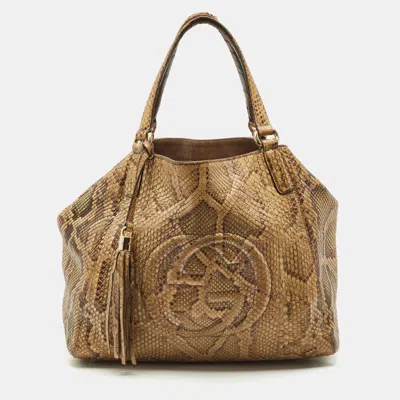 Pre-owned Gucci Beige Python Medium Dubai Exclusive Soho Tote In Sand
