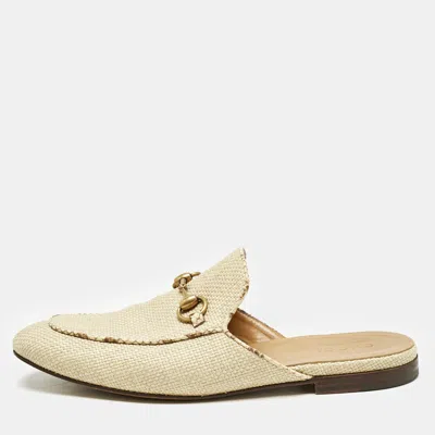 Pre-owned Gucci Beige Raffia And Snakeskin Leather Princetown Flat Mules Size 42.5 In Sand