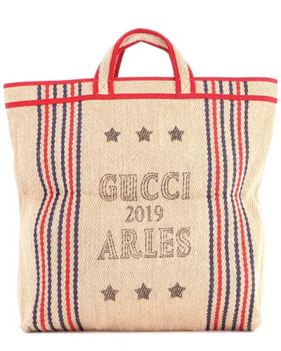 Pre-owned Gucci Beige Raffia Disney Three Little Pigs Open Tote With Applique (authentic  Pre-loved)