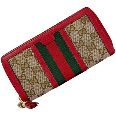Pre-owned Gucci Beige Red Color Canvas Leather Long Wallet (bi-fold) () In Multi
