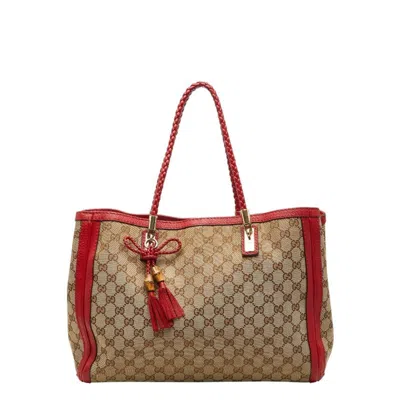 Pre-owned Gucci Beige Red Color Canvas Leather Tote Bag () In Multi