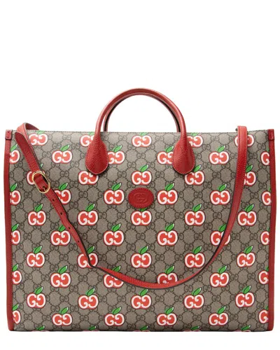 Pre-owned Gucci Beige, Red Gg Canvas, Leather Gg Apple Large Tote (authentic Pre-loved)
