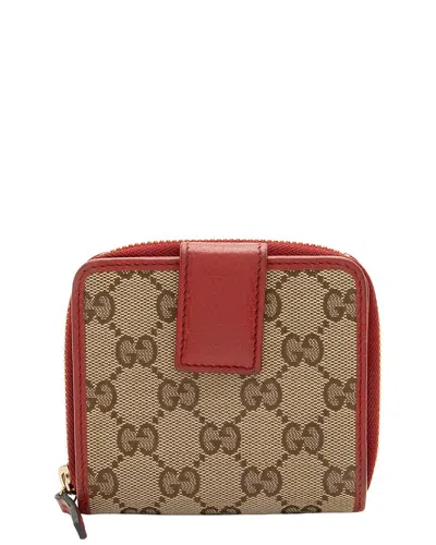 Pre-owned Gucci Beige, Red Gg Canvas Zip Around Compact Wallet (authentic Pre-loved)