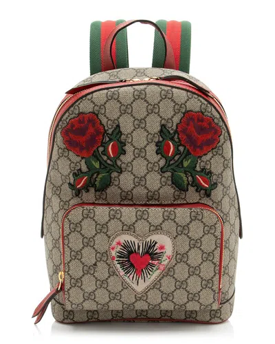 Pre-owned Gucci Beige, Red Gg Supreme Canvas, Embroidery, Leather & Nylon Heart Roses  Day Small Backpack (aut