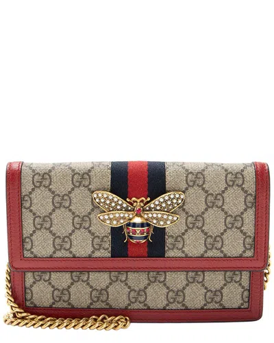 Pre-owned Gucci Beige, Red Gg Supreme Coated Canvas, Faux Pearl Queen Margaret Wallet On  Chain (authentic Pre