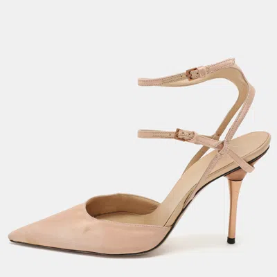 Pre-owned Gucci Beige Satin Pointed Toe Ankle Strap Sandals Size 37.5
