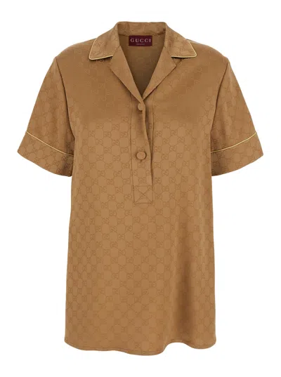 Gucci Beige Shirt With All-over Gg Motif In Satin Woman In Multicolor