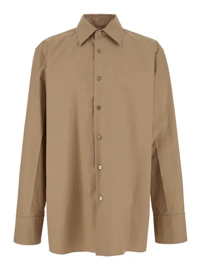 Gucci Beige Shirt With Classic Collar And Tonal Logo Lettering Embroidery On The Front In Cotton Man In Neutral