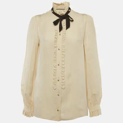 Pre-owned Gucci Beige Silk Neck Tie Detail Ruffle Blouse M In Sand