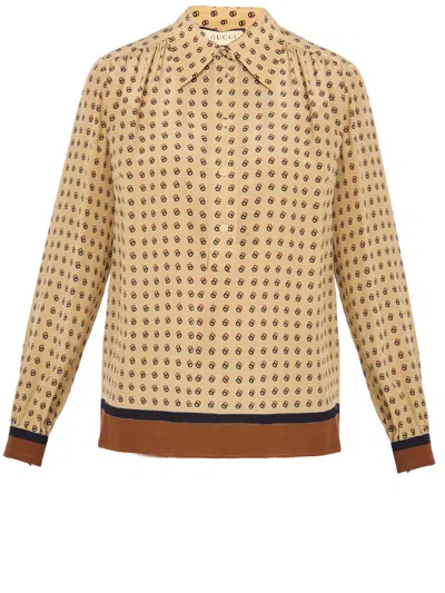 GUCCI BEIGE SILK SHIRT WITH ALL-OVER MICRO GG MOTIF FOR WOMEN