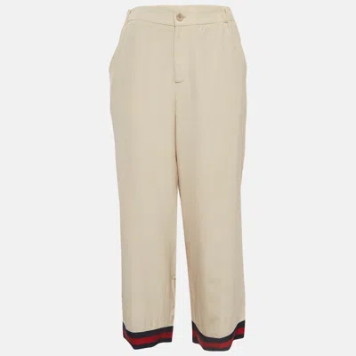 Pre-owned Gucci Beige Silk Web Stripe Trimmed Wide Leg Pants M