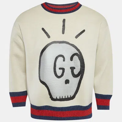 Pre-owned Gucci Beige Skull Print Neoprene Sweatshirt M In Sand